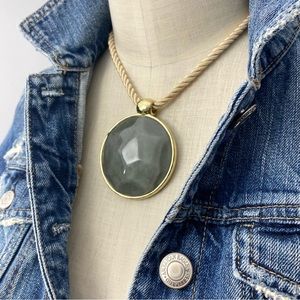 Chico’s Gray Green Faux Agate Jade in Gold Frame Circle Pendant on Cord Necklace